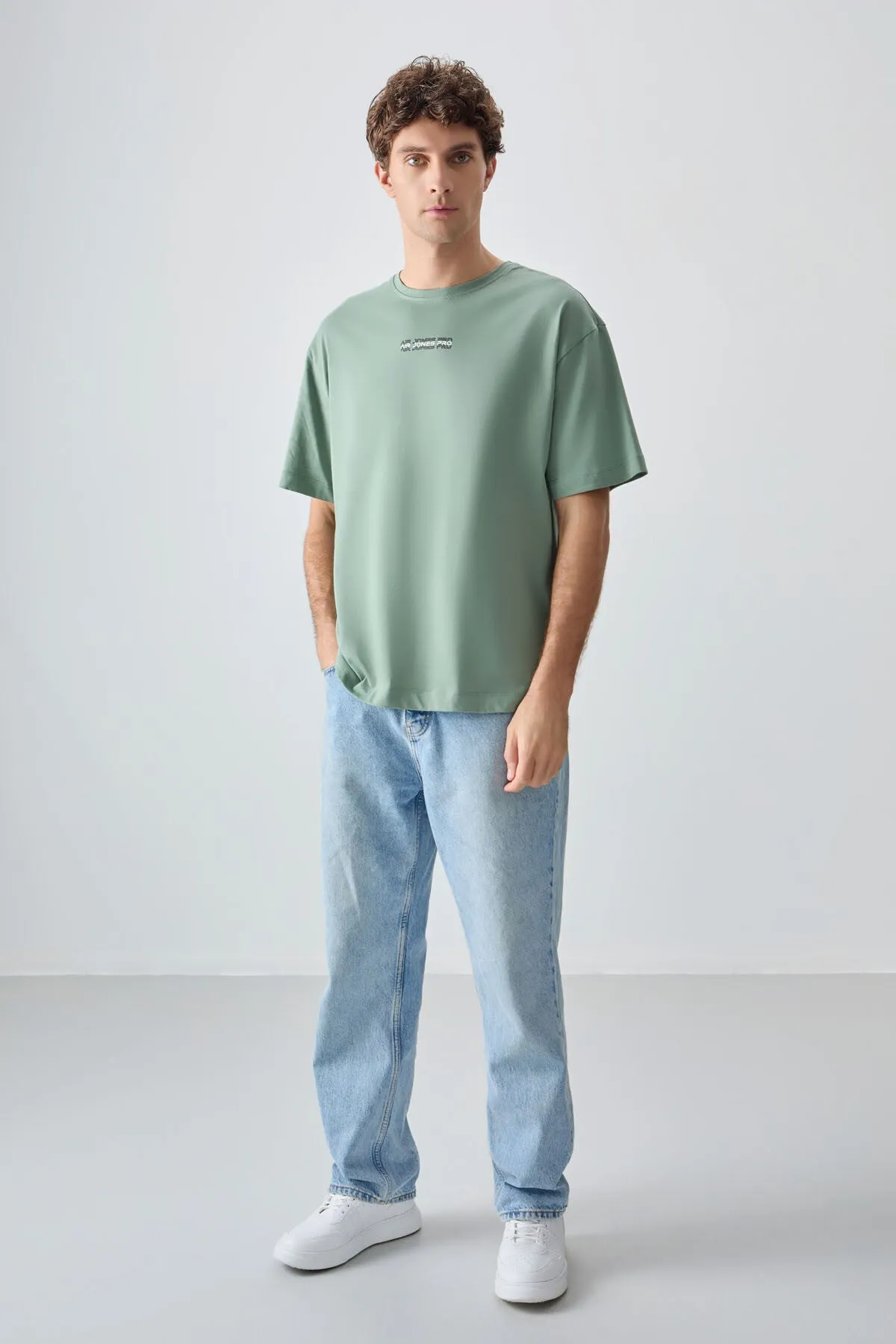 0 pamuk kalin yumuşak dokulu oversize fit baskili erkek t-shirt - 88354