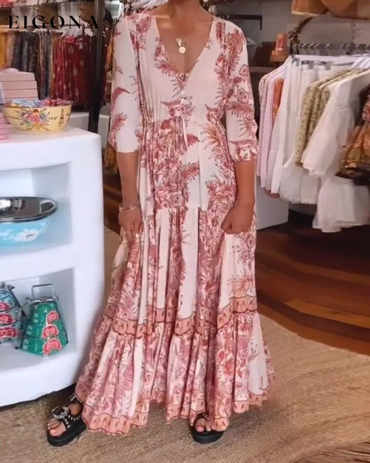 3/4 sleeves deep V-neck printed dress