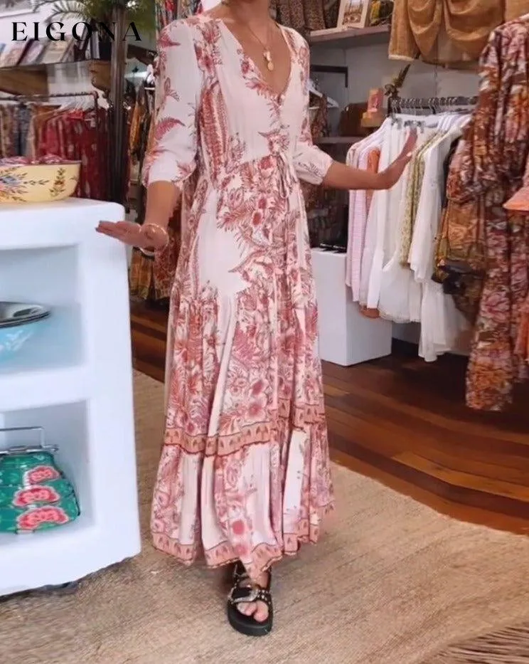 3/4 sleeves deep V-neck printed dress