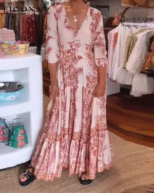 3/4 sleeves deep V-neck printed dress