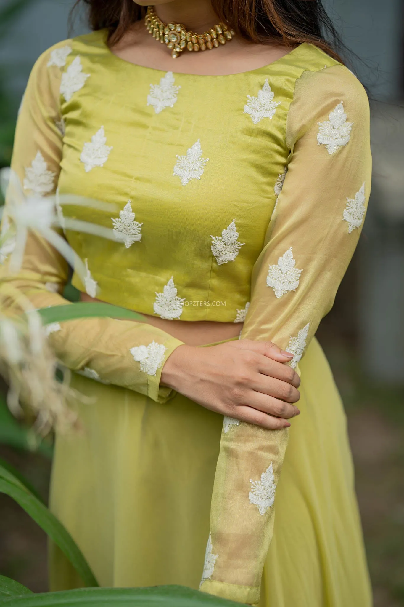 Apple Green Full Hand Crop Top & Skirt With Embroidery & Sequins