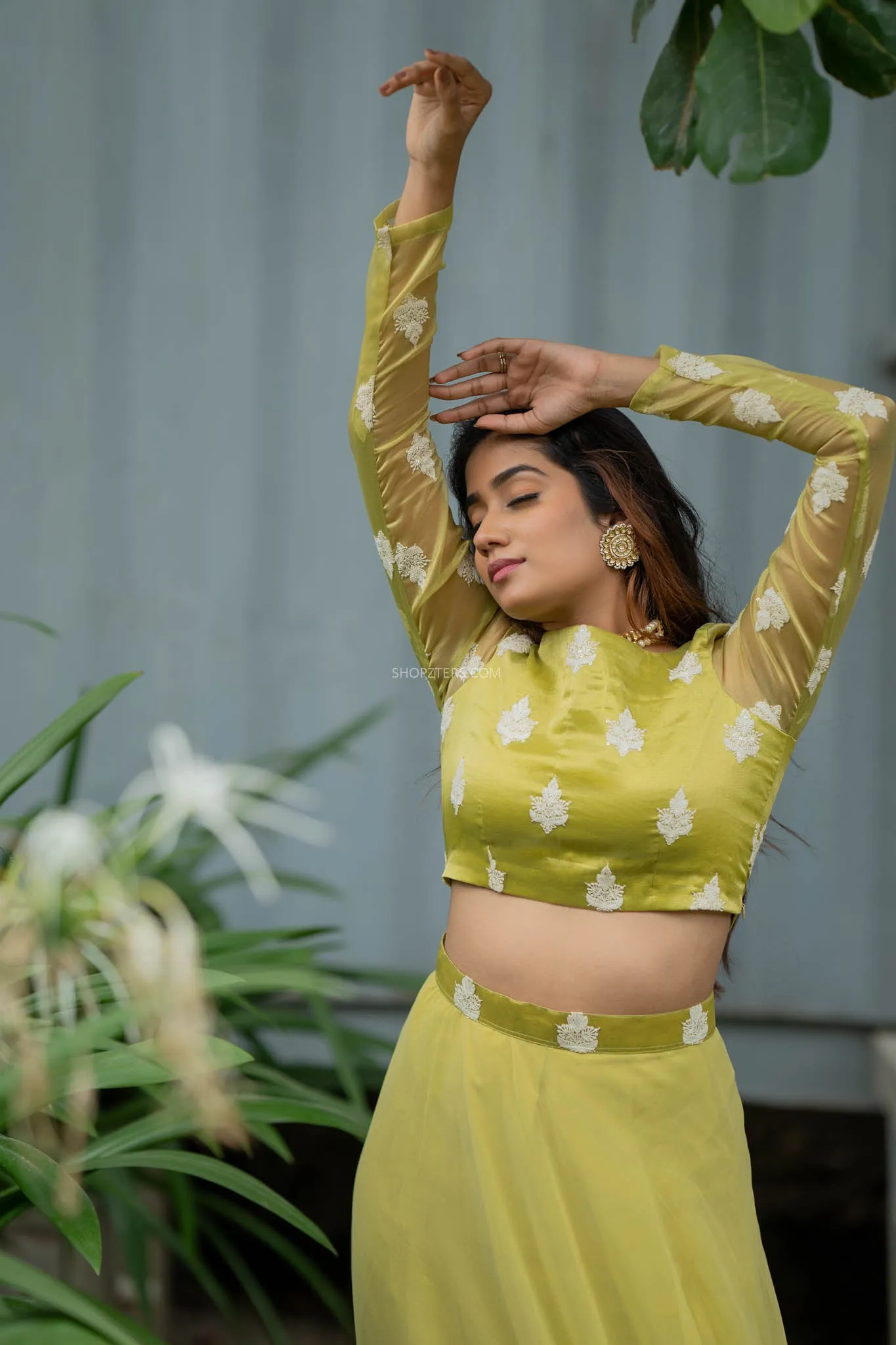 Apple Green Full Hand Crop Top & Skirt With Embroidery & Sequins