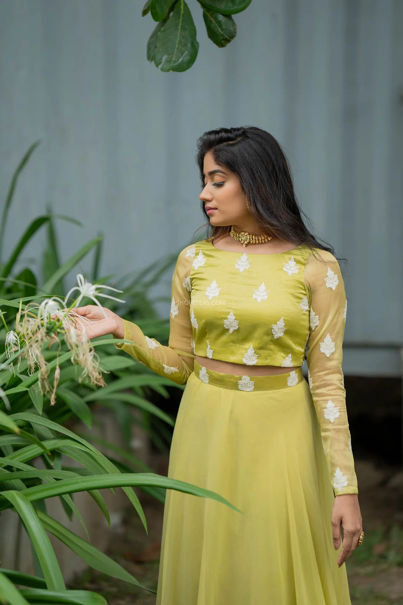 Apple Green Full Hand Crop Top & Skirt With Embroidery & Sequins