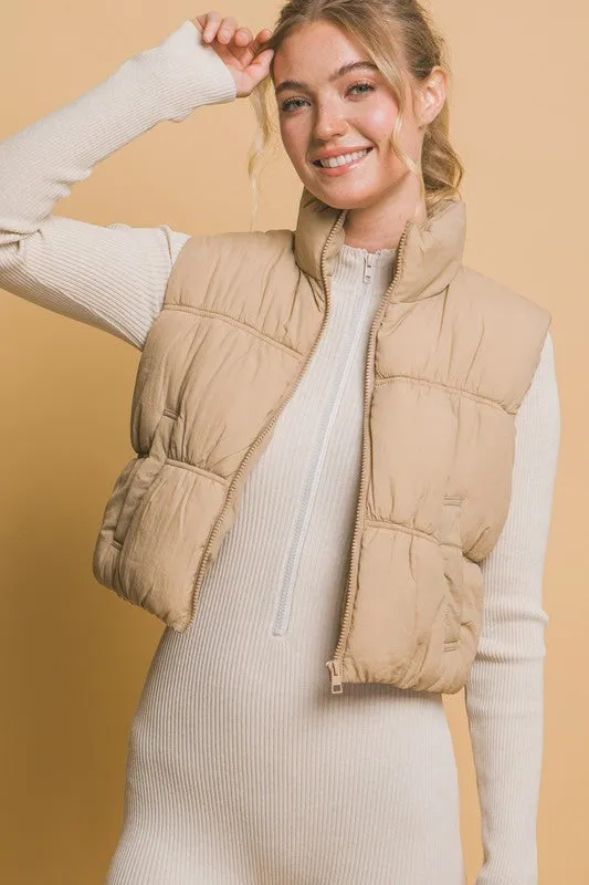 Beige High Neck Lightweight Puffer Vest