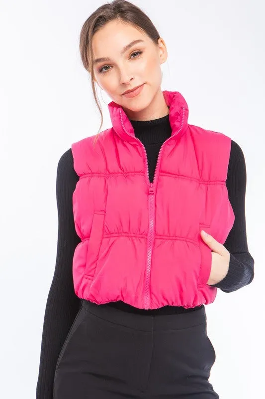 Beige High Neck Lightweight Puffer Vest