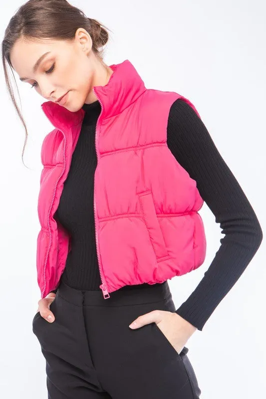 Beige High Neck Lightweight Puffer Vest