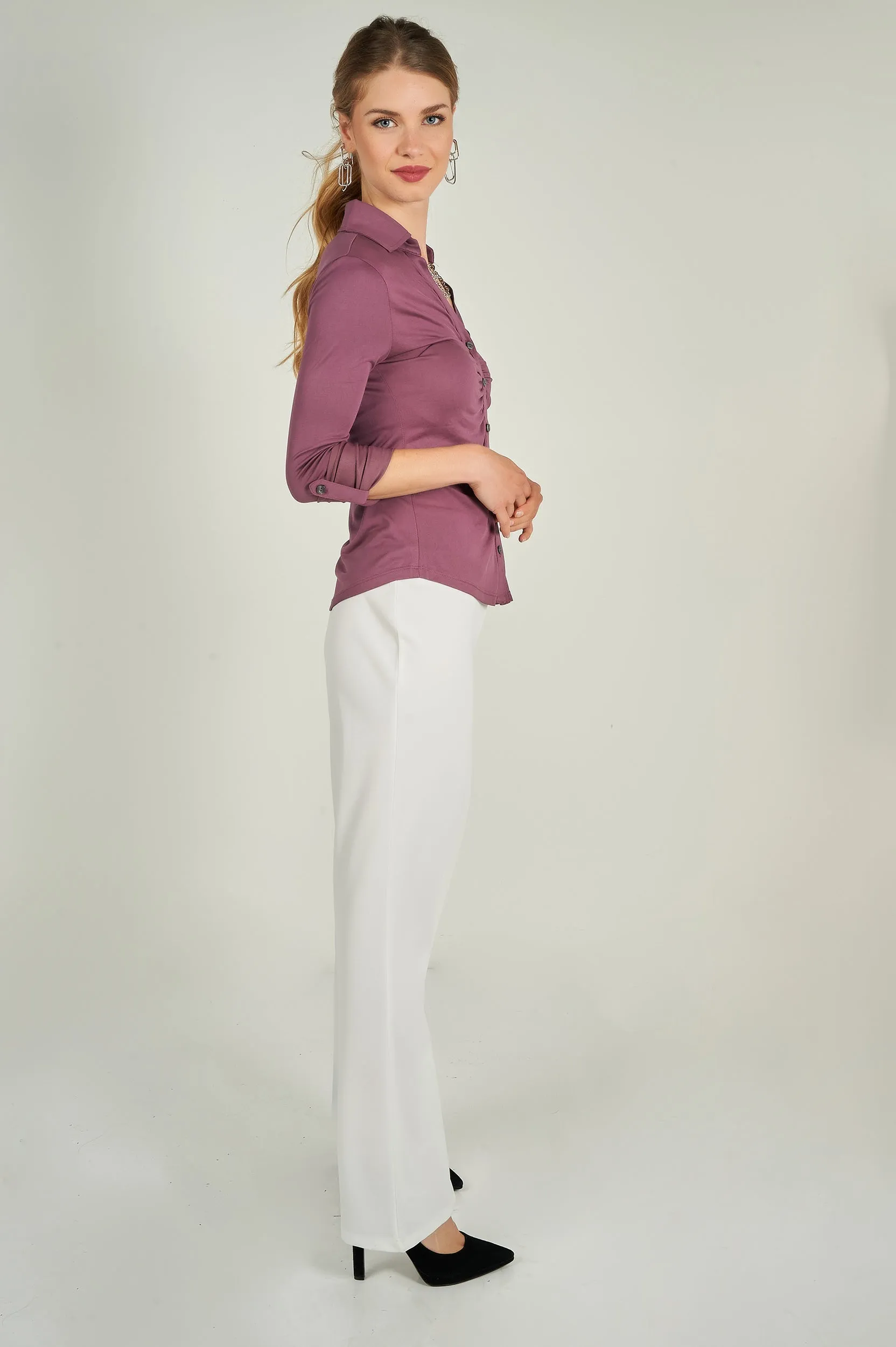 Blouse froncée à manches trois-quarts - LEONCIA-V2 - (E-B16) - VENTE FINALE