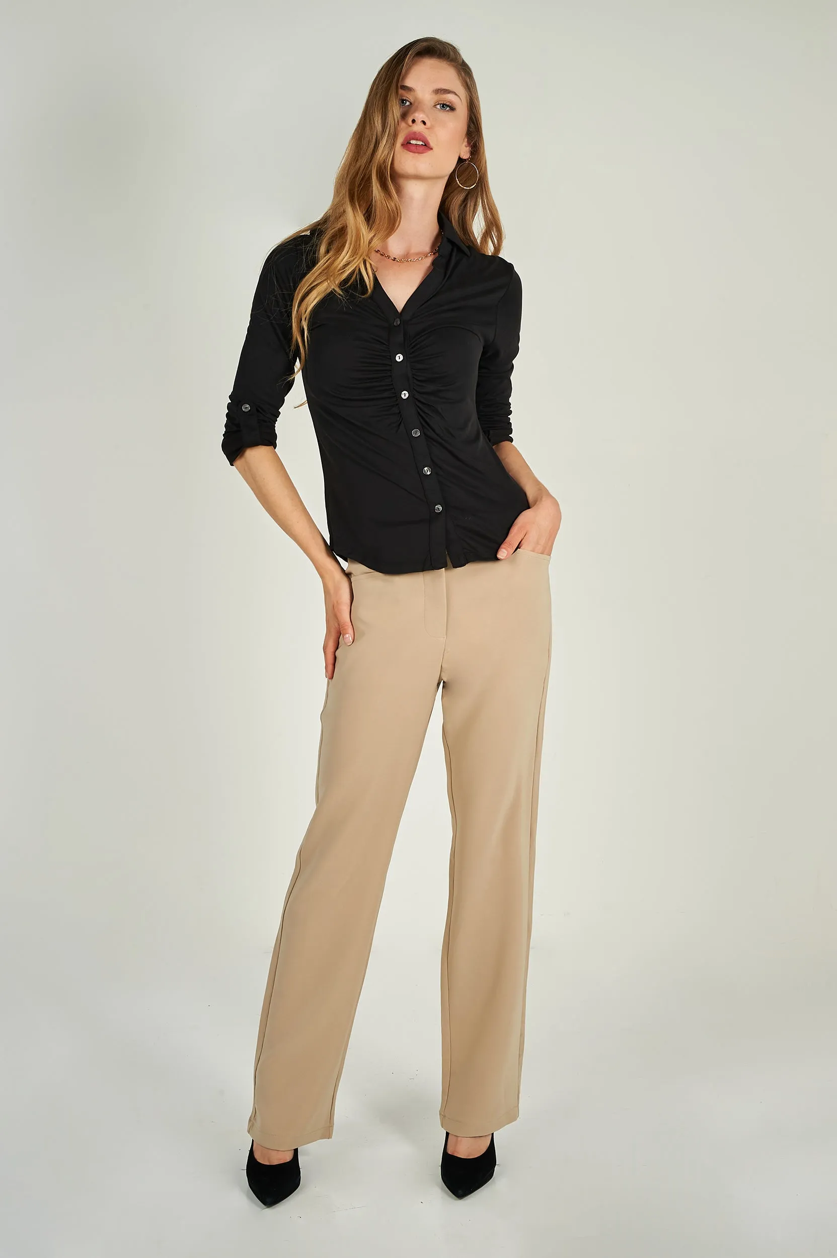 Blouse froncée à manches trois-quarts - LEONCIA-V2 - (E-B16) - VENTE FINALE
