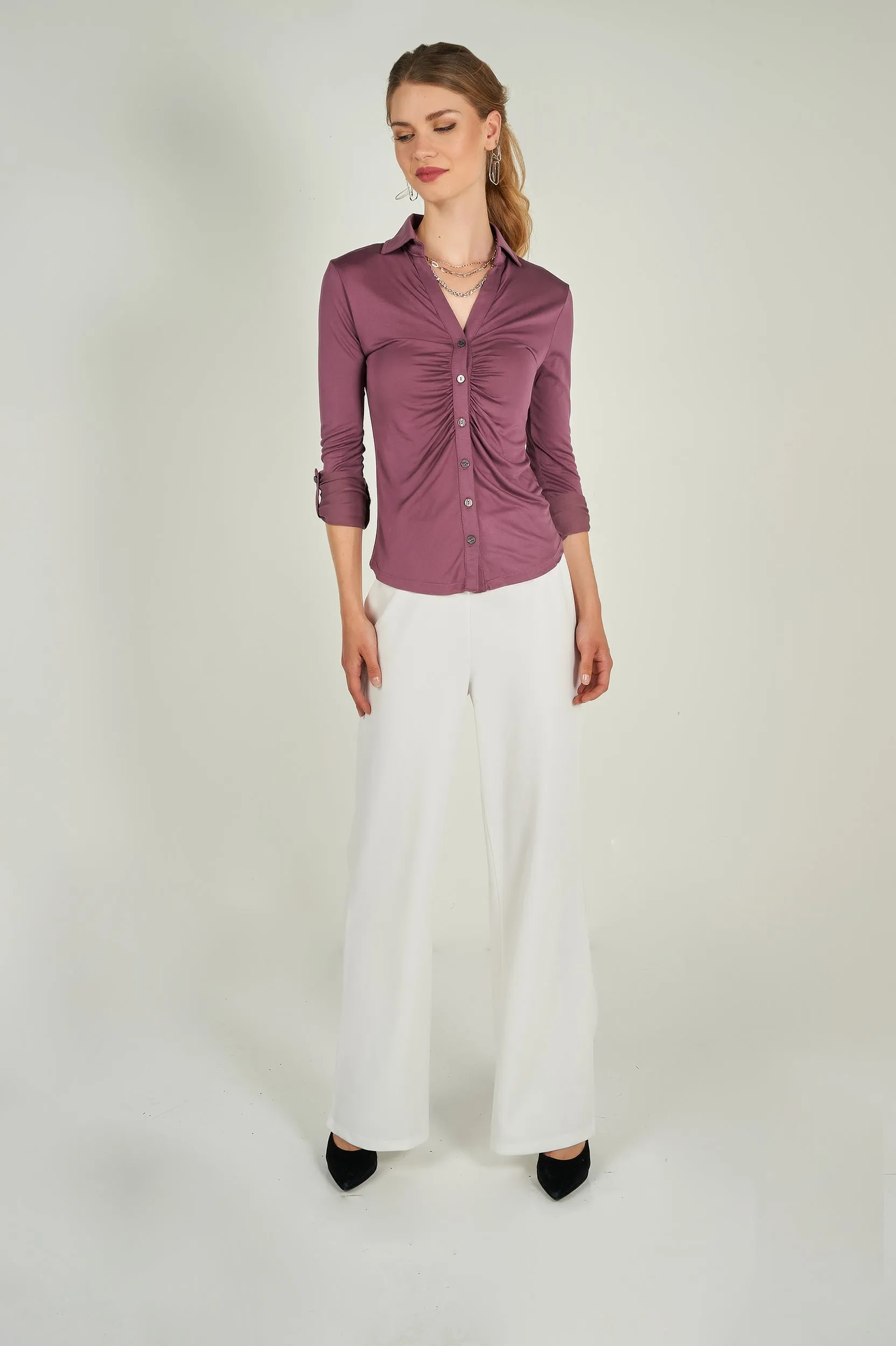 Blouse froncée à manches trois-quarts - LEONCIA-V2 - (E-B16) - VENTE FINALE