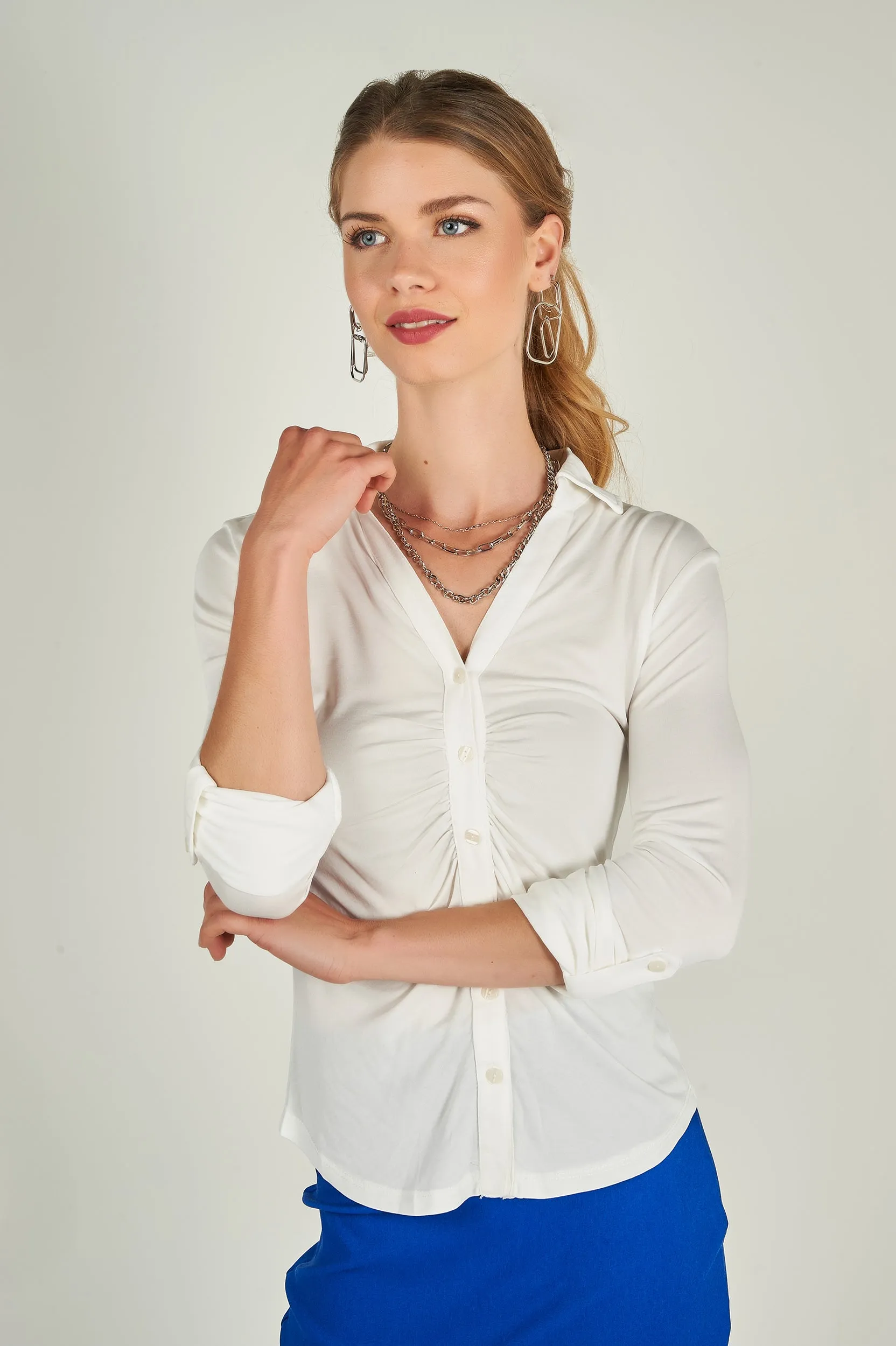 Blouse froncée à manches trois-quarts - LEONCIA-V2 - (E-B16) - VENTE FINALE