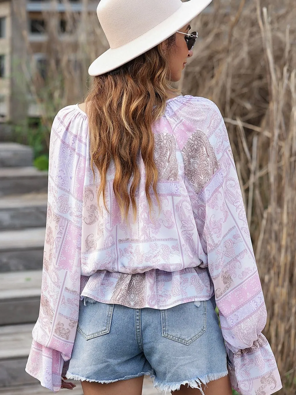 Boho Chic Purple Ruffle Sleeve Peplum Blouse