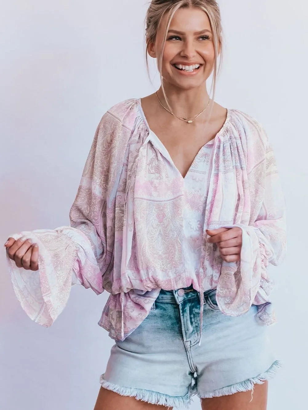 Boho Chic Purple Ruffle Sleeve Peplum Blouse