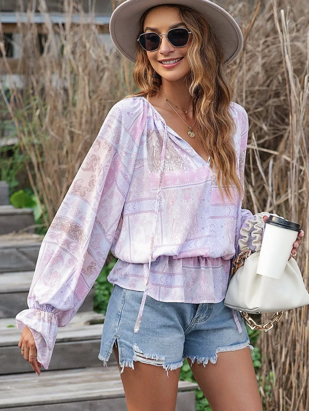 Boho Chic Purple Ruffle Sleeve Peplum Blouse