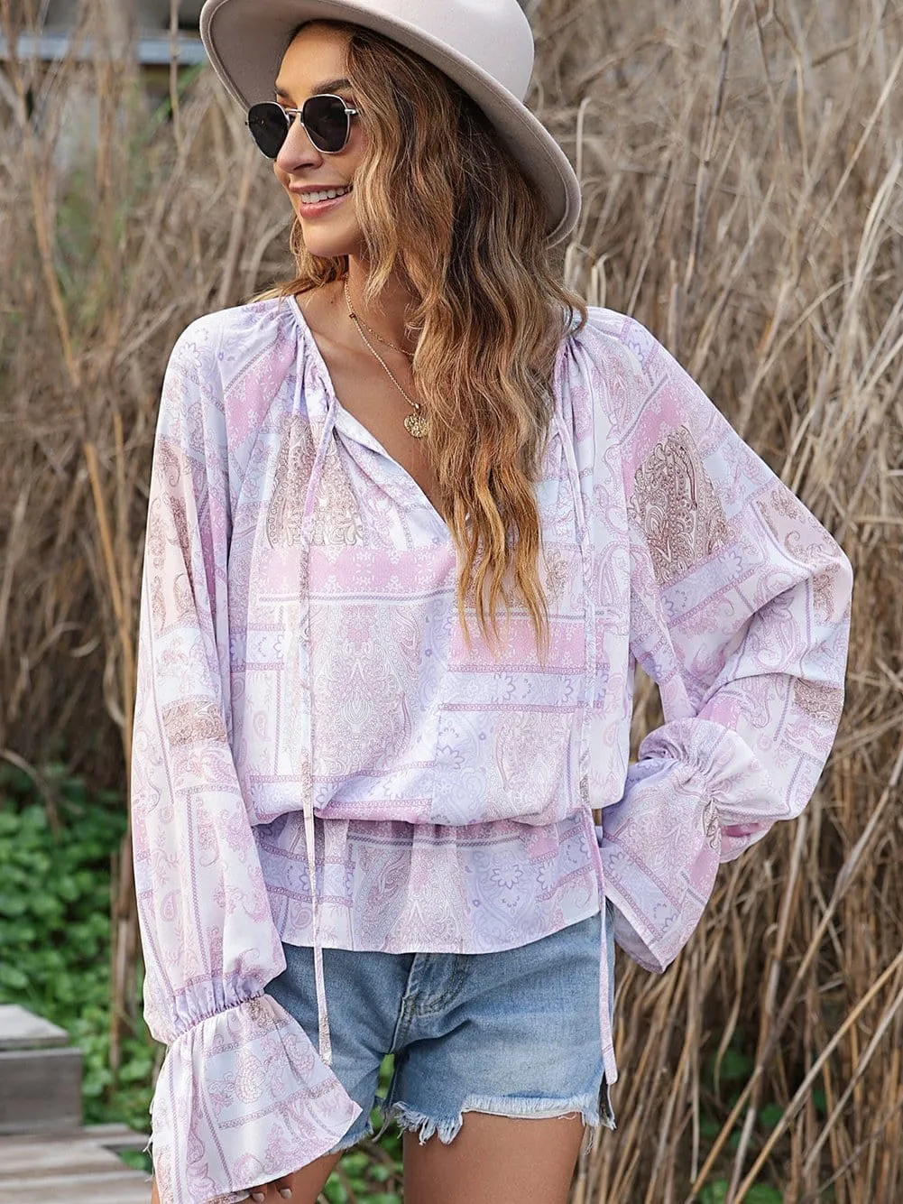 Boho Chic Purple Ruffle Sleeve Peplum Blouse
