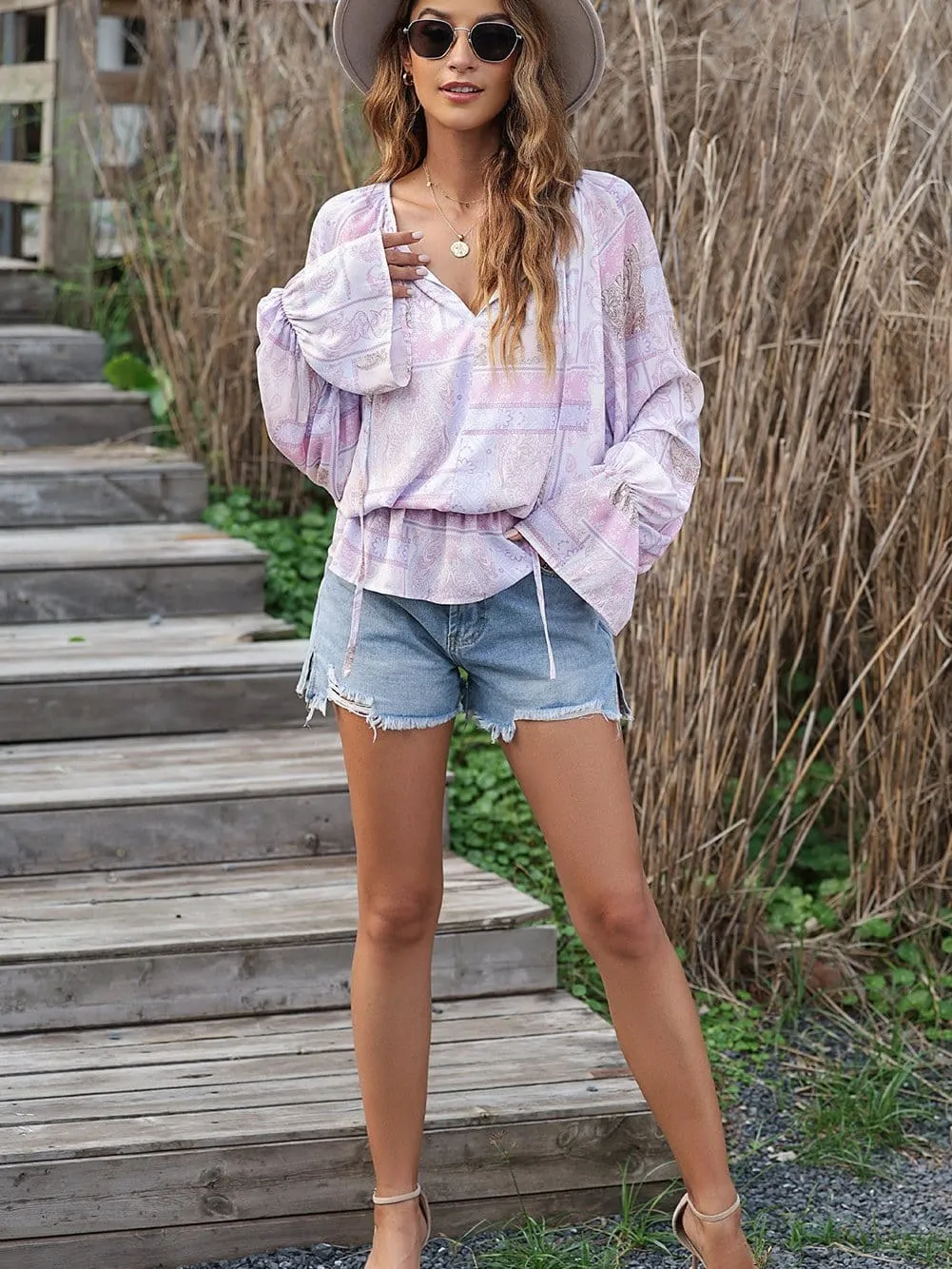 Boho Chic Purple Ruffle Sleeve Peplum Blouse