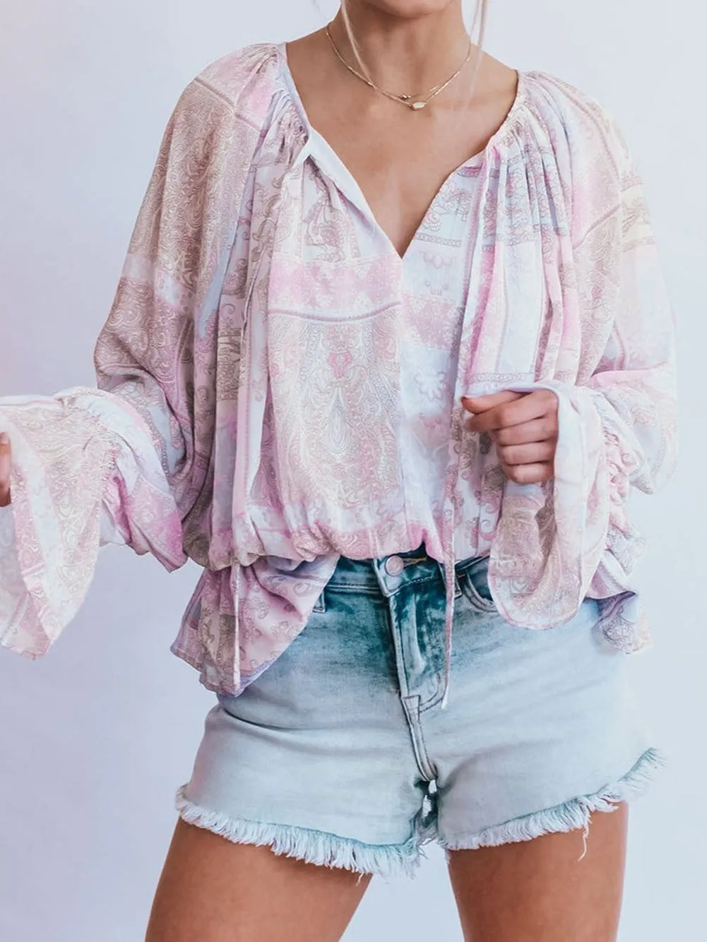 Boho Chic Purple Ruffle Sleeve Peplum Blouse