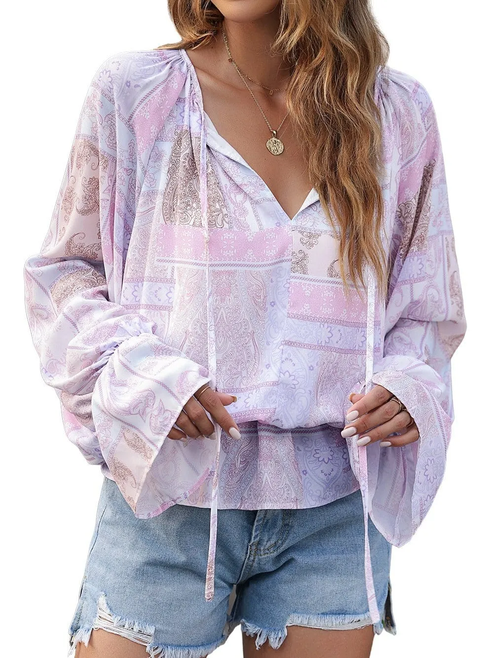 Boho Chic Purple Ruffle Sleeve Peplum Blouse