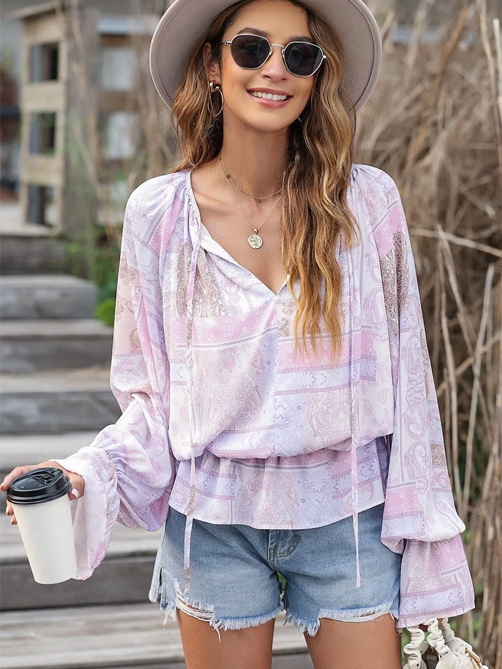 Boho Chic Purple Ruffle Sleeve Peplum Blouse