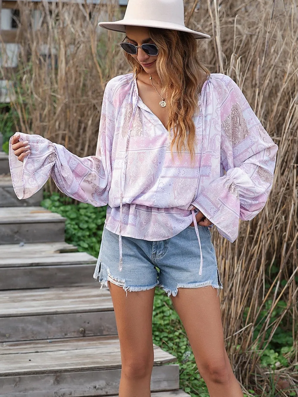Boho Chic Purple Ruffle Sleeve Peplum Blouse