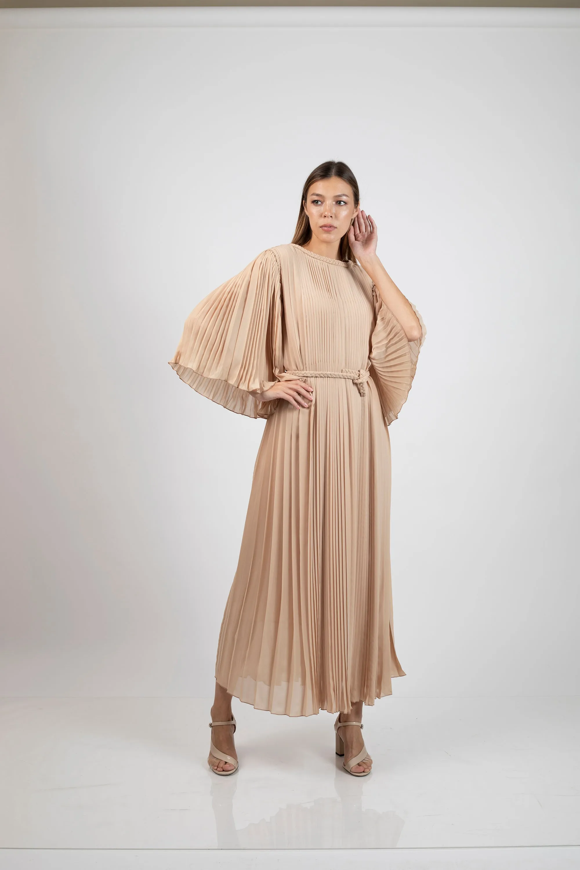 Brown Chiffon Layered Pleated Kaftan - PS-NO.09