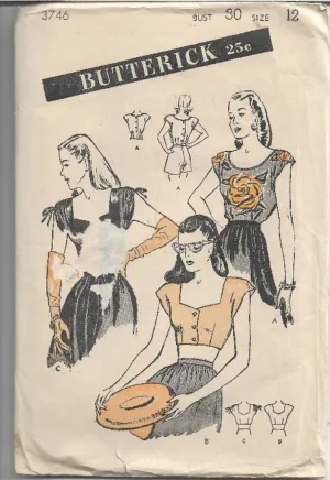 Butterick 3746 Vintage Sewing Pattern 1940s Ladies Blouse Bare Midriff Crop Top