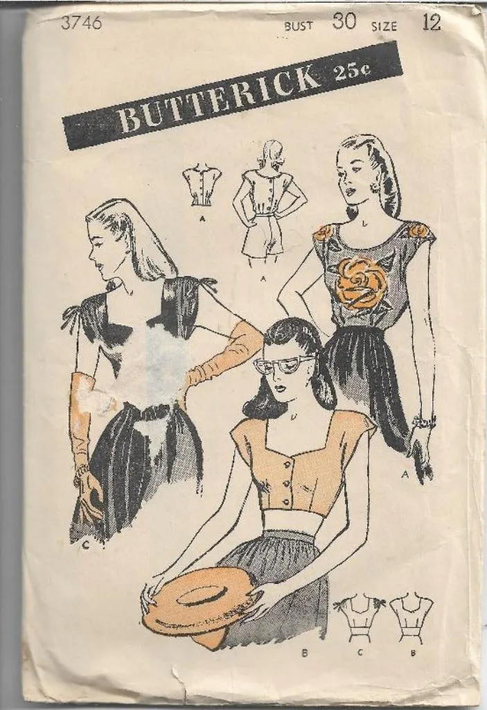 Butterick 3746 Vintage Sewing Pattern 1940s Ladies Blouse Bare Midriff Crop Top