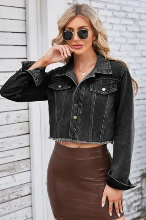 Chic Raw Hem Denim Jacket with Practical Pockets