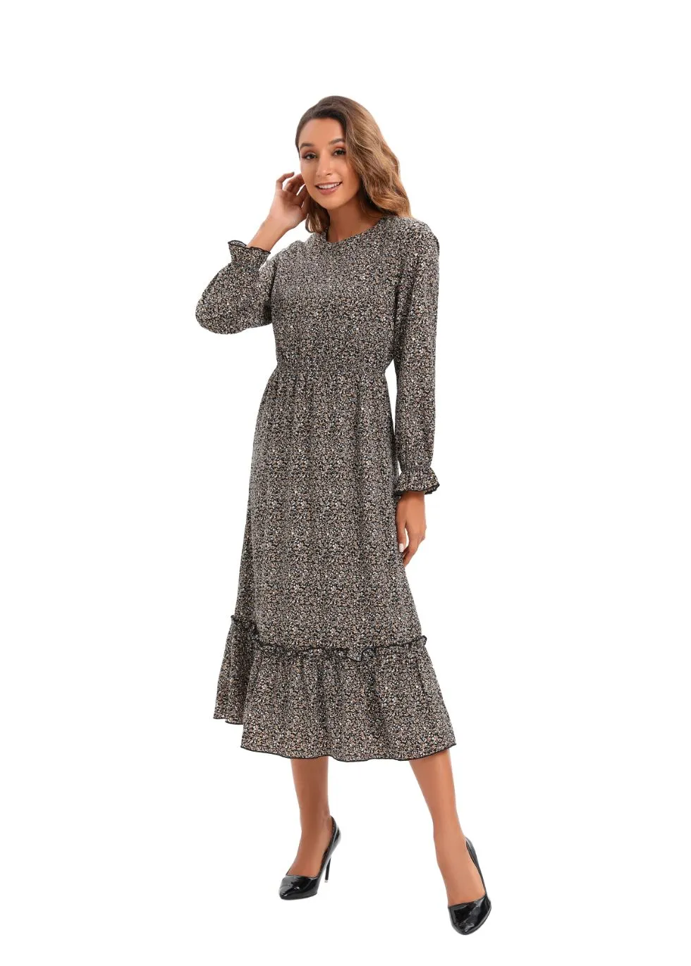Elegant Modest Long Sleeve Print Dress