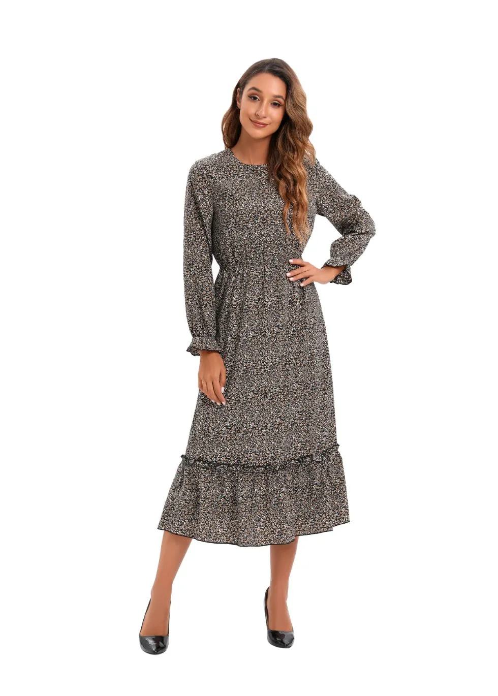 Elegant Modest Long Sleeve Print Dress