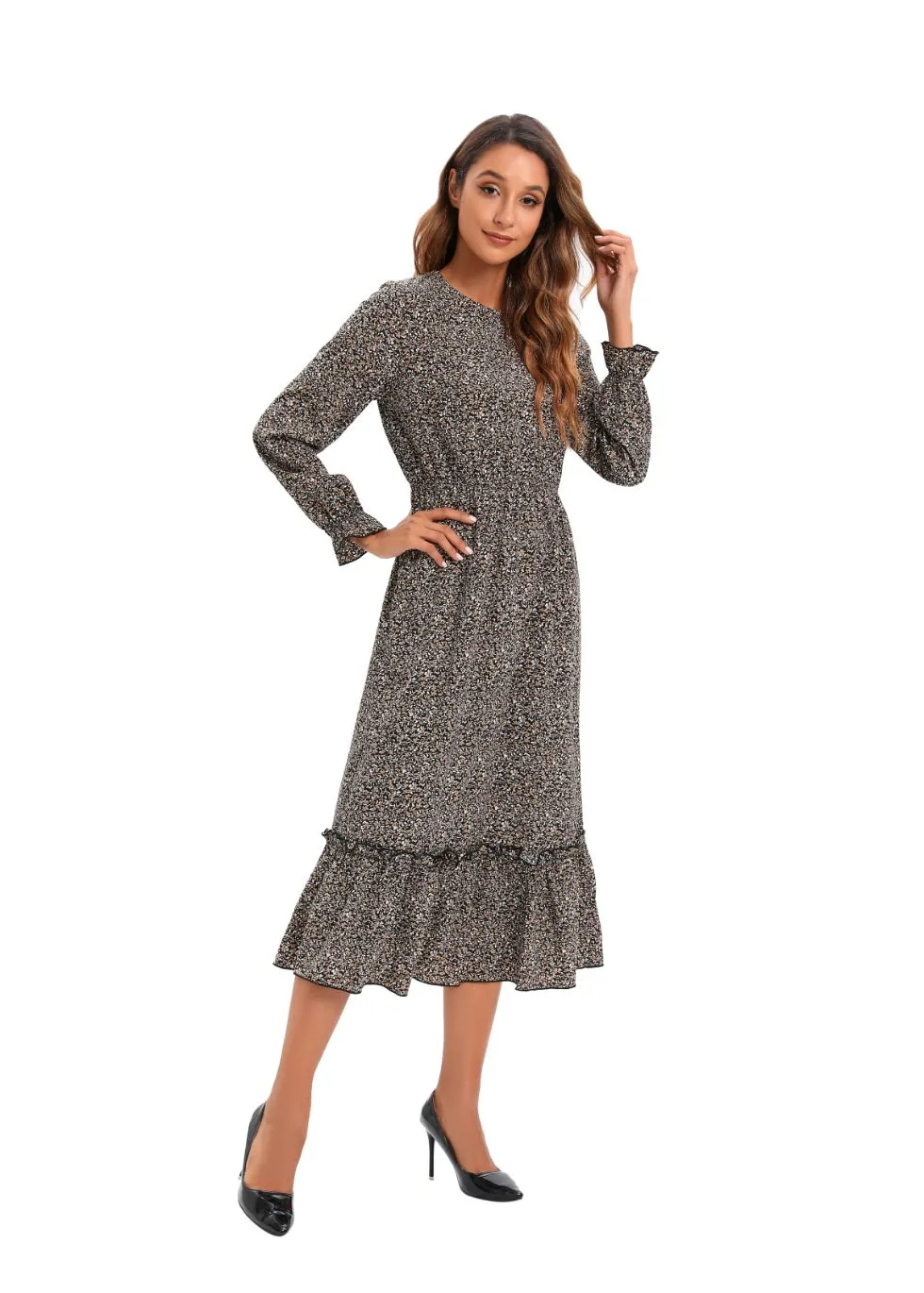 Elegant Modest Long Sleeve Print Dress