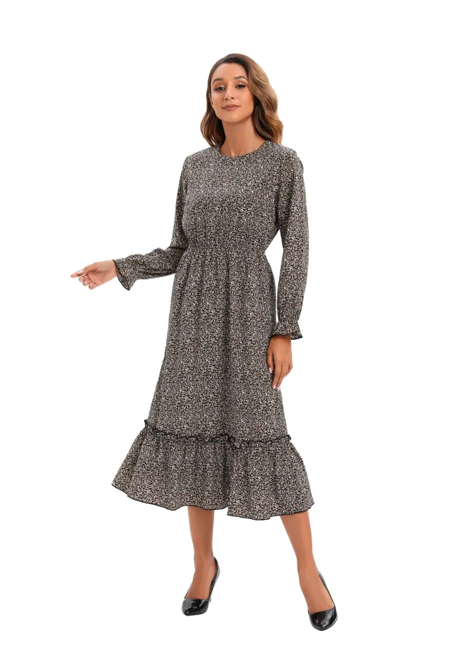 Elegant Modest Long Sleeve Print Dress