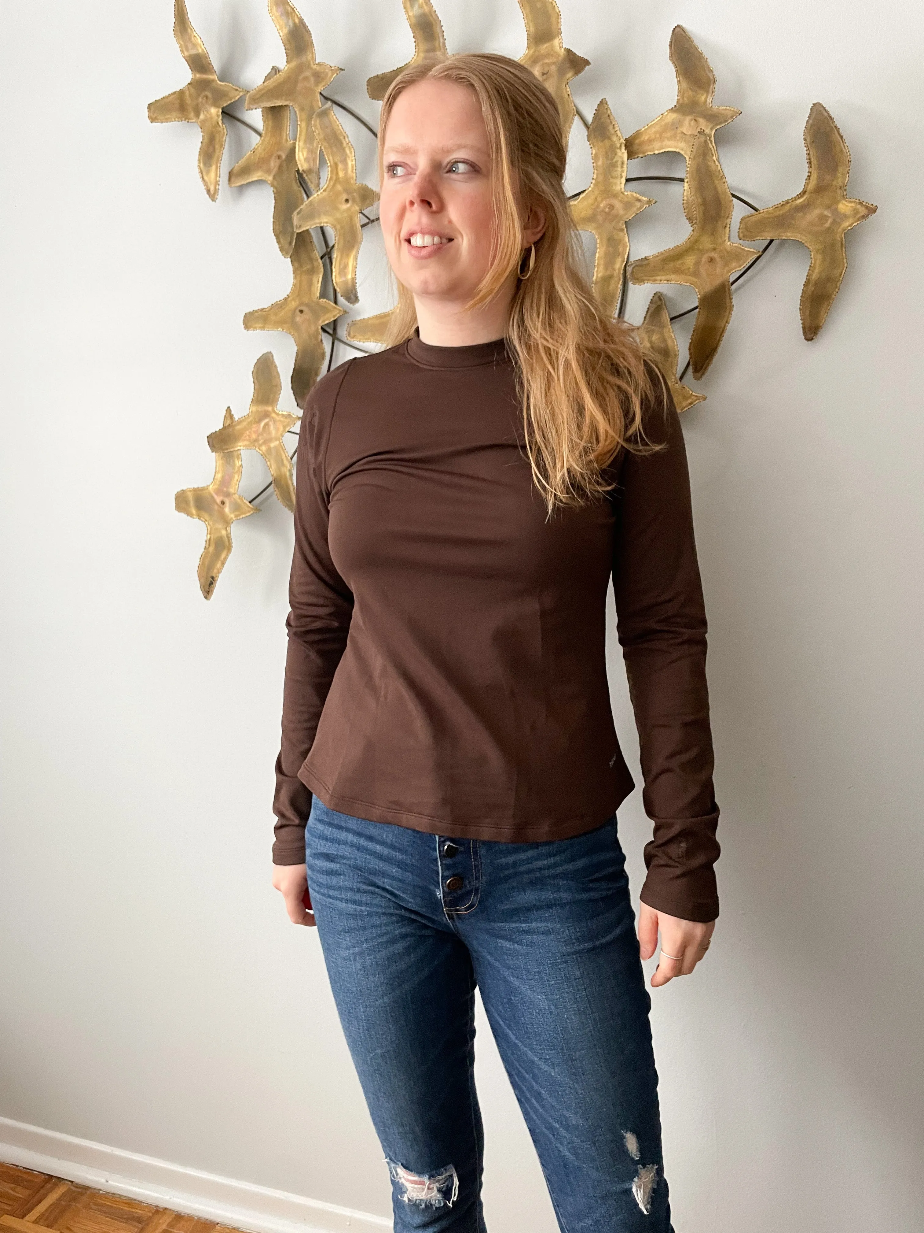 Hade Brown High Neck Thermal Sport Long Sleeve Top - Small