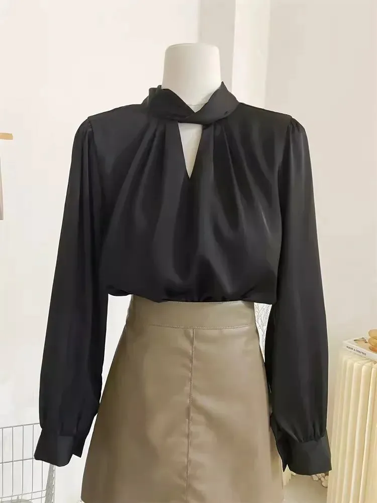 Luexco Prim Chic French Satin Long Sleeved Top