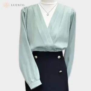 Luexco Prim Chic Satin Blouse Elegant Cross Pleated