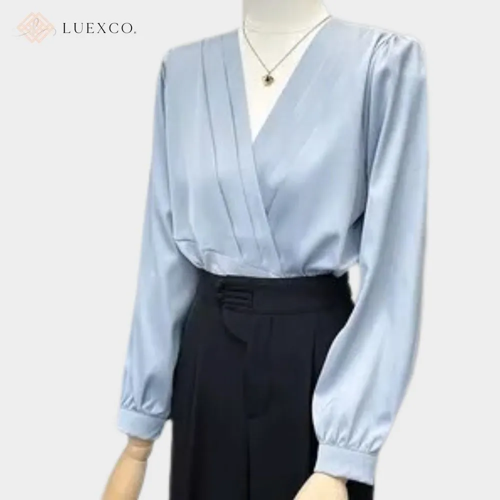 Luexco Prim Chic Satin Blouse Elegant Cross Pleated