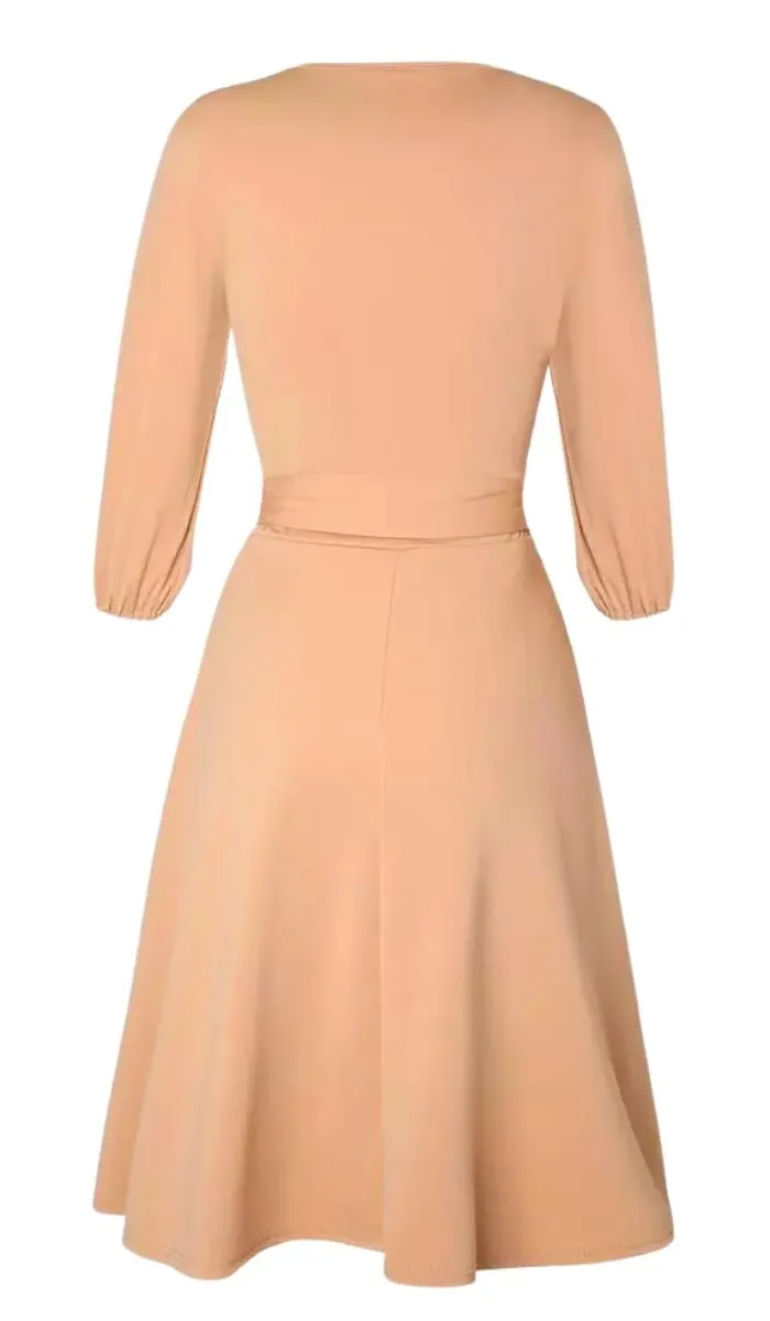 Luexco Vintage Lantern Dress Half Sleeve O-Neck Pocket Sashes