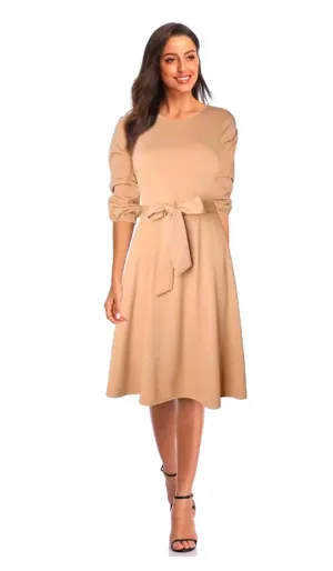 Luexco Vintage Lantern Dress Half Sleeve O-Neck Pocket Sashes