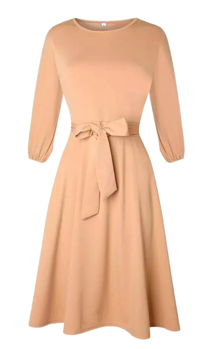 Luexco Vintage Lantern Dress Half Sleeve O-Neck Pocket Sashes