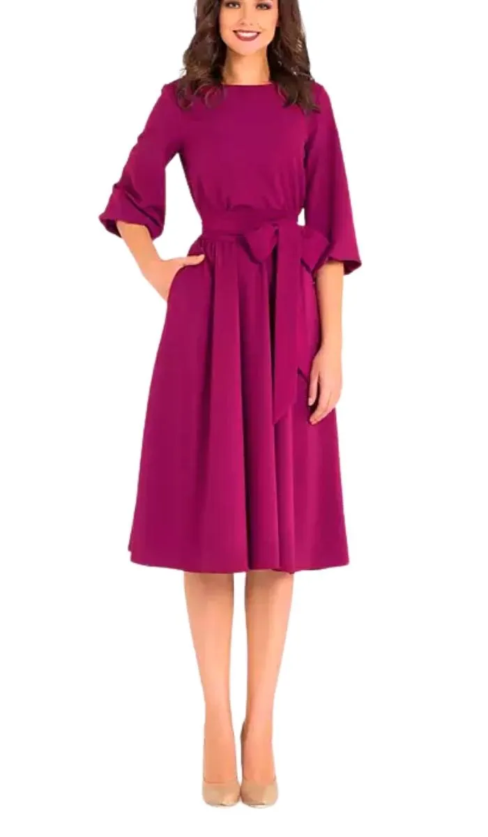 Luexco Vintage Lantern Dress Half Sleeve O-Neck Pocket Sashes
