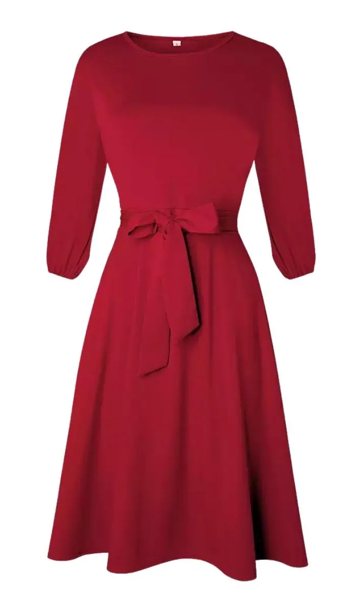 Luexco Vintage Lantern Dress Half Sleeve O-Neck Pocket Sashes