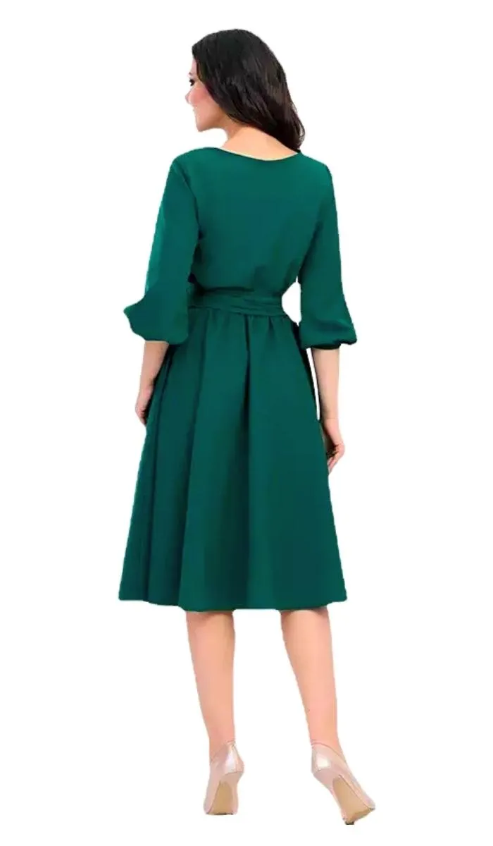 Luexco Vintage Lantern Dress Half Sleeve O-Neck Pocket Sashes
