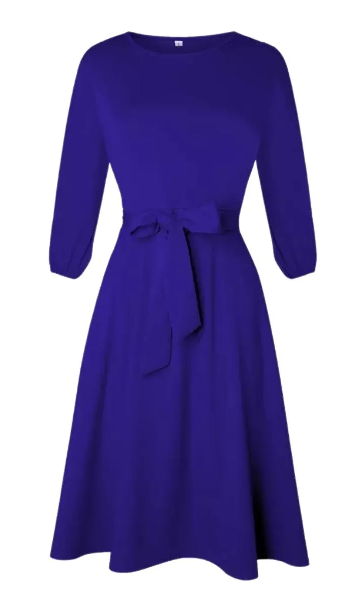 Luexco Vintage Lantern Dress Half Sleeve O-Neck Pocket Sashes