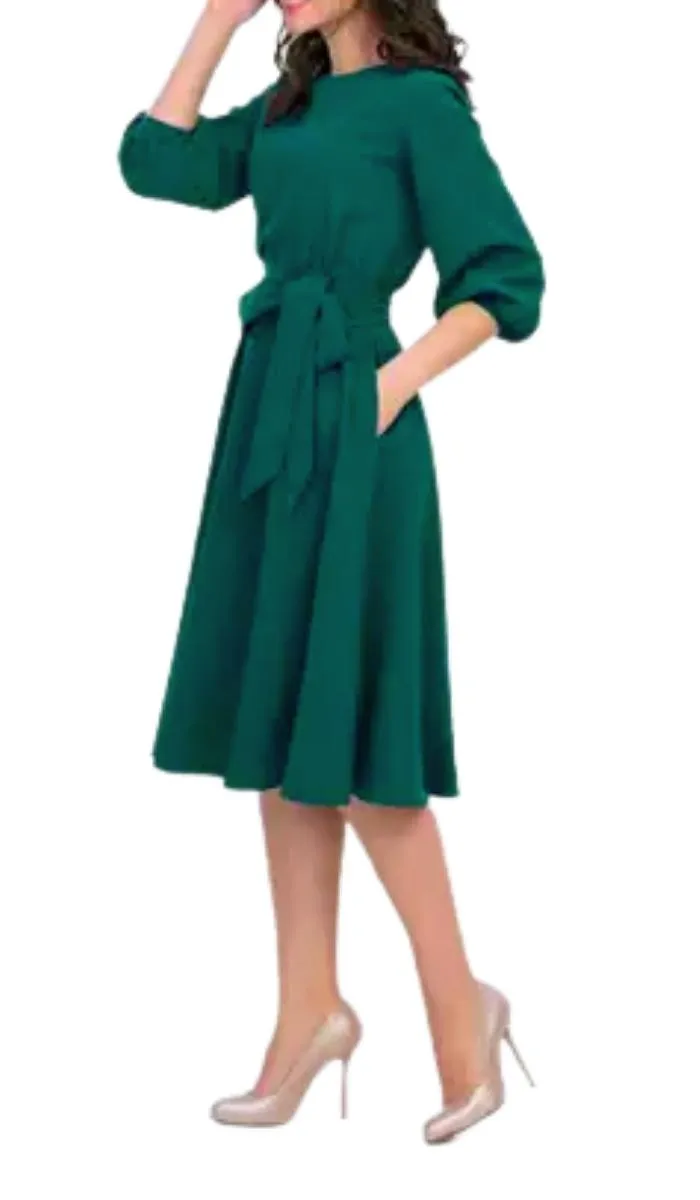 Luexco Vintage Lantern Dress Half Sleeve O-Neck Pocket Sashes