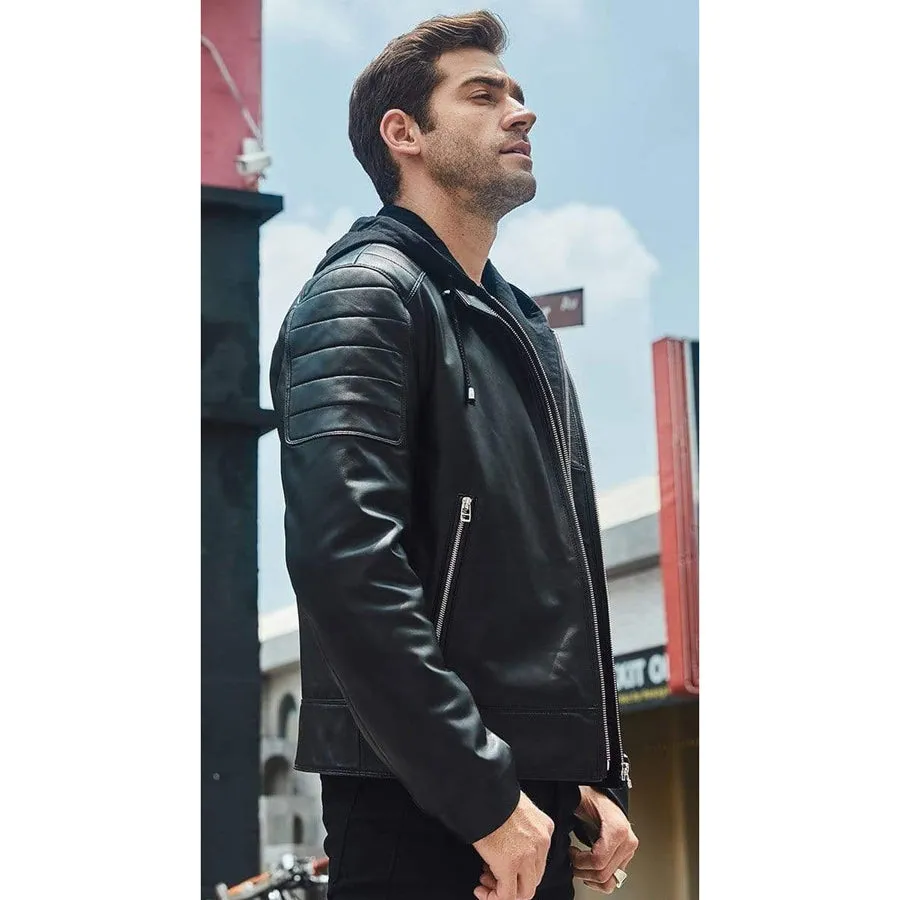 Mens Black Leather Removable Hood Biker Jacket