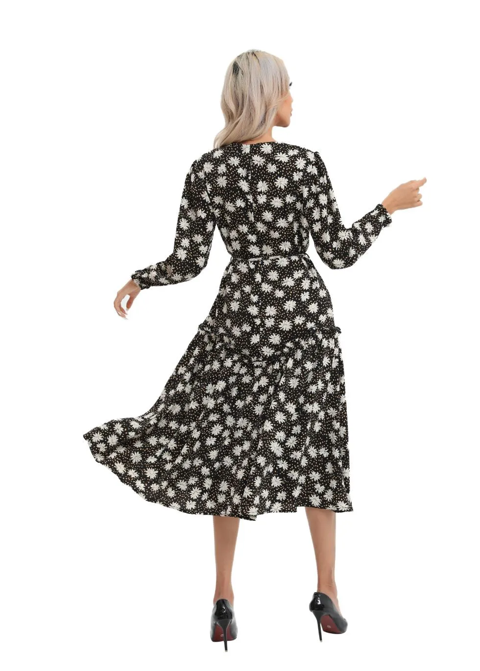 Modest Floral Midi Dress with Light Front Tie