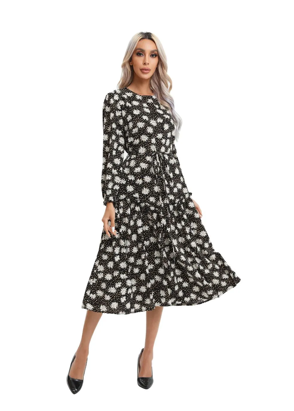 Modest Floral Midi Dress with Light Front Tie