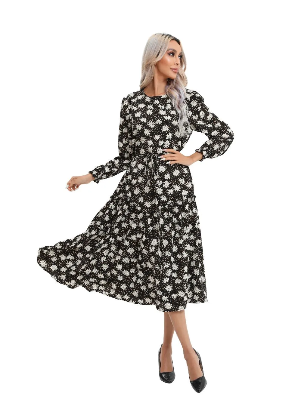 Modest Floral Midi Dress with Light Front Tie