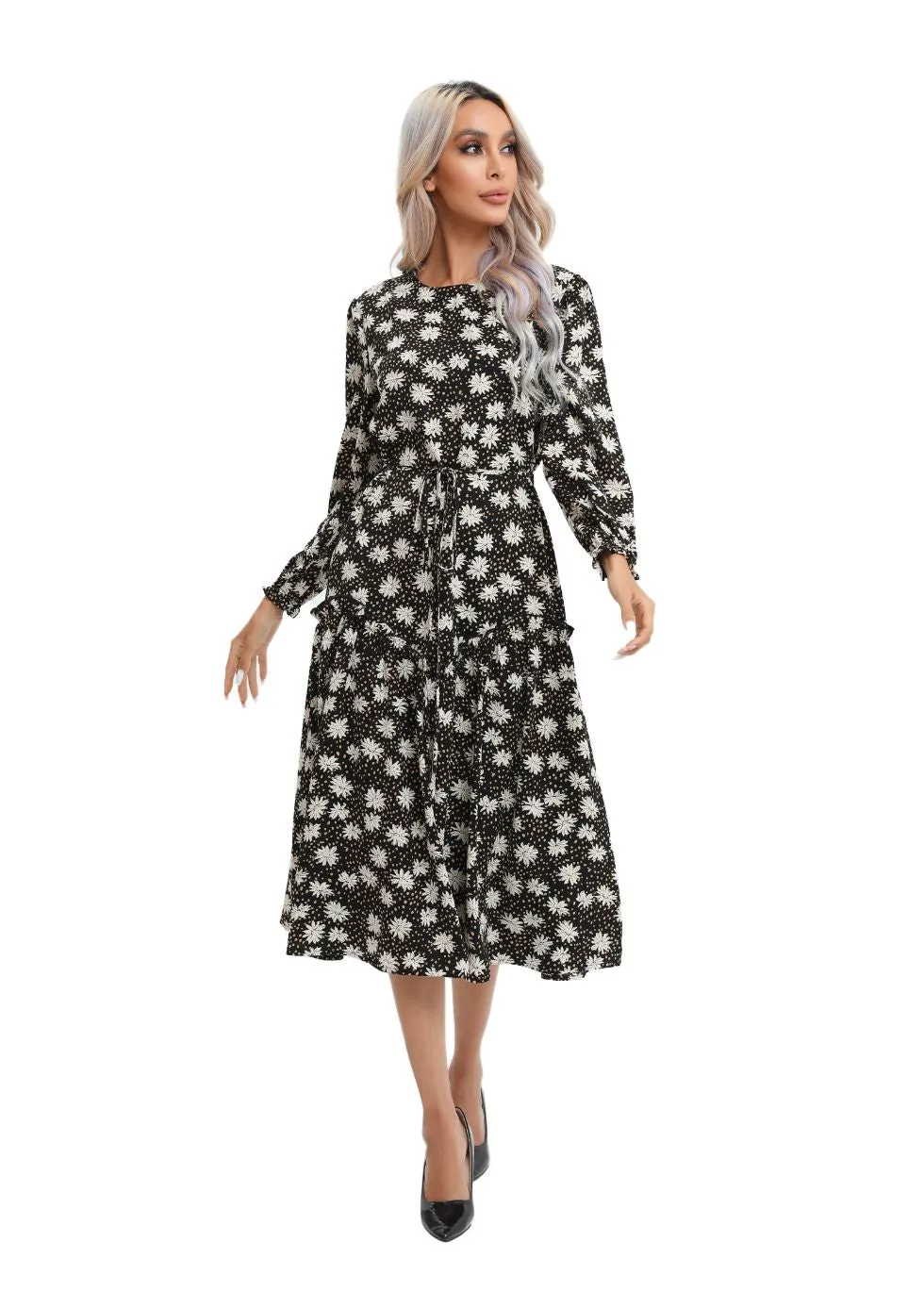 Modest Floral Midi Dress with Light Front Tie