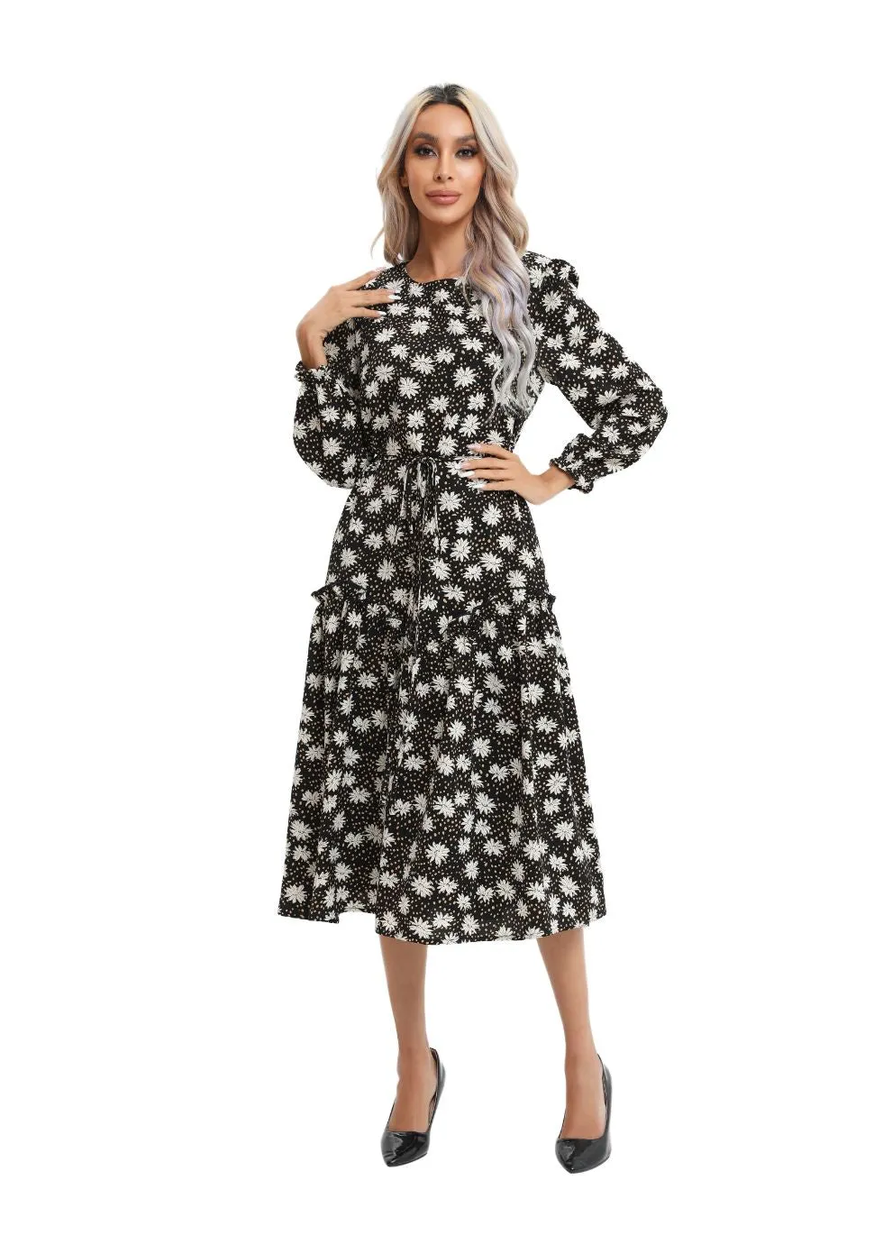 Modest Floral Midi Dress with Light Front Tie