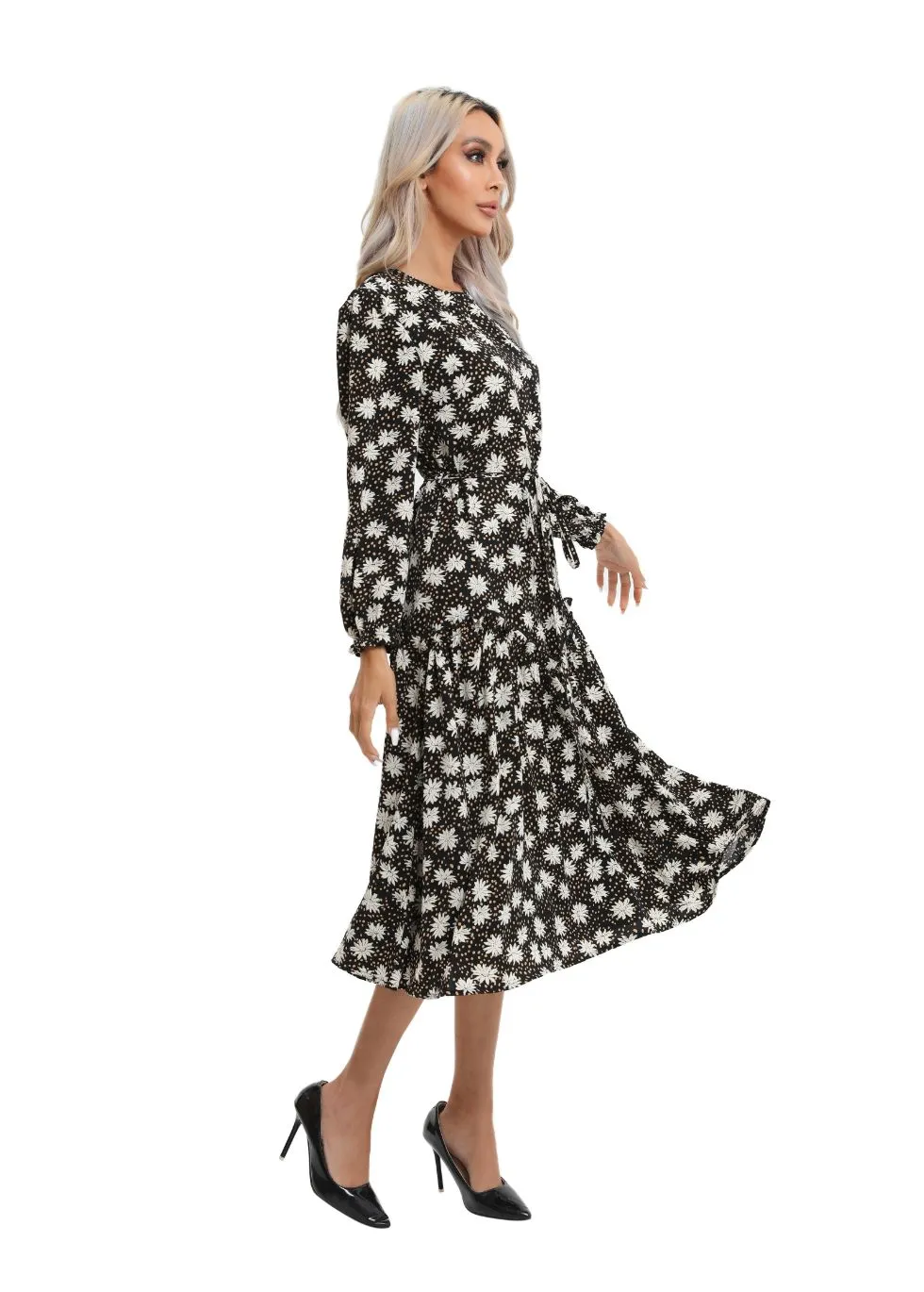 Modest Floral Midi Dress with Light Front Tie